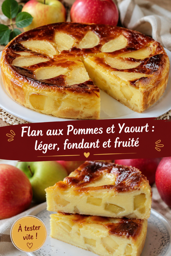 Flan aux pommes et yaourt très appétissant sur une table