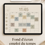 Un iPad affichant un fond d'écran agenda coloré et organisé.