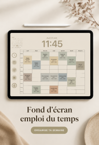 Un iPad affichant un fond d'écran agenda coloré et organisé.
