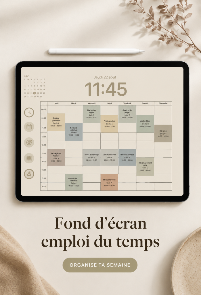 Un iPad affichant un fond d'écran agenda coloré et organisé.