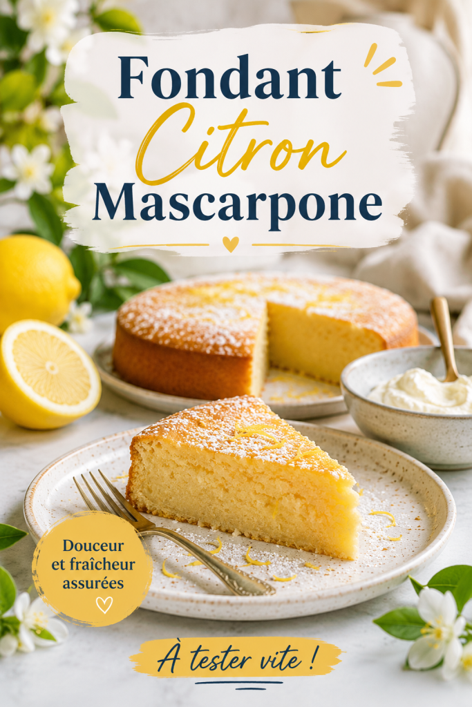 Un délicieux fondant au citron mascarpone, brillant et moelleux, prêt à être dégusté.