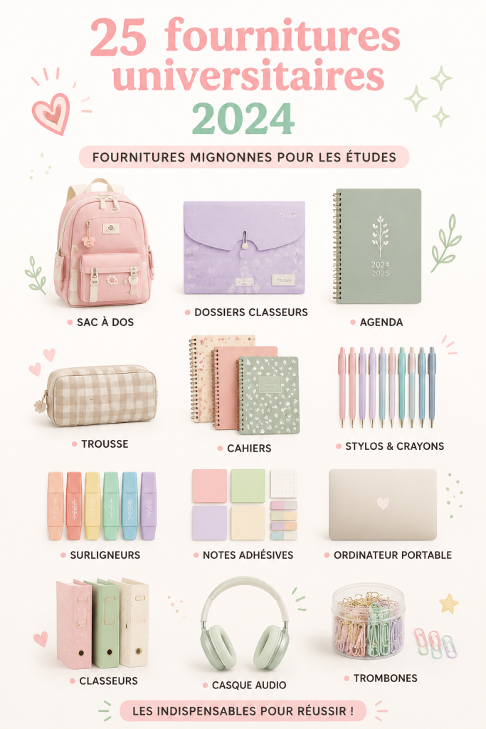 Un ensemble coloré de fournitures de collège modernes pour la rentrée 2024.