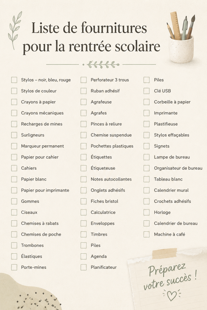 Checklist visuelle de fournitures scolaires essentielles pour la rentrée