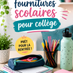 Fournitures scolaires organisées sur un bureau, incluant cahiers, stylos et autres accessoires scolaires