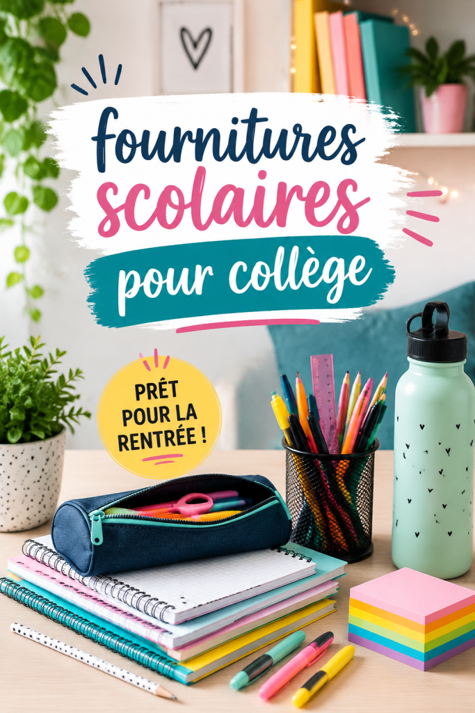Fournitures scolaires organisées sur un bureau, incluant cahiers, stylos et autres accessoires scolaires