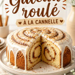 Gâteau rouleau à la cannelle sur une table de fête, décoré de glaçage.
