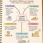 Illustration représentant les cinq grandes écoles de psychologie avec des symboles associés.