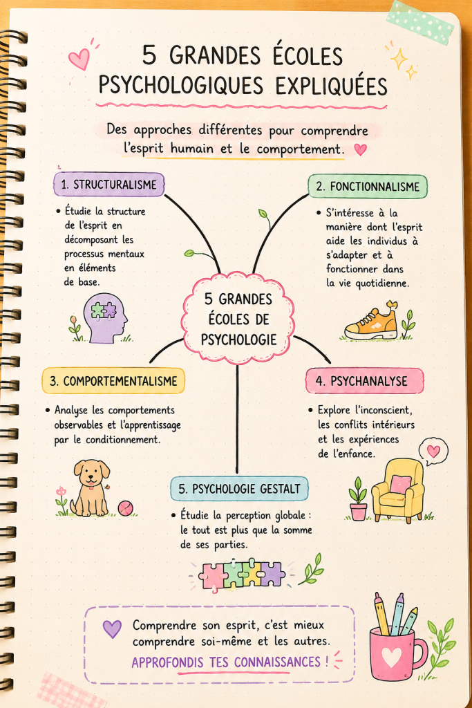 Illustration représentant les cinq grandes écoles de psychologie avec des symboles associés.