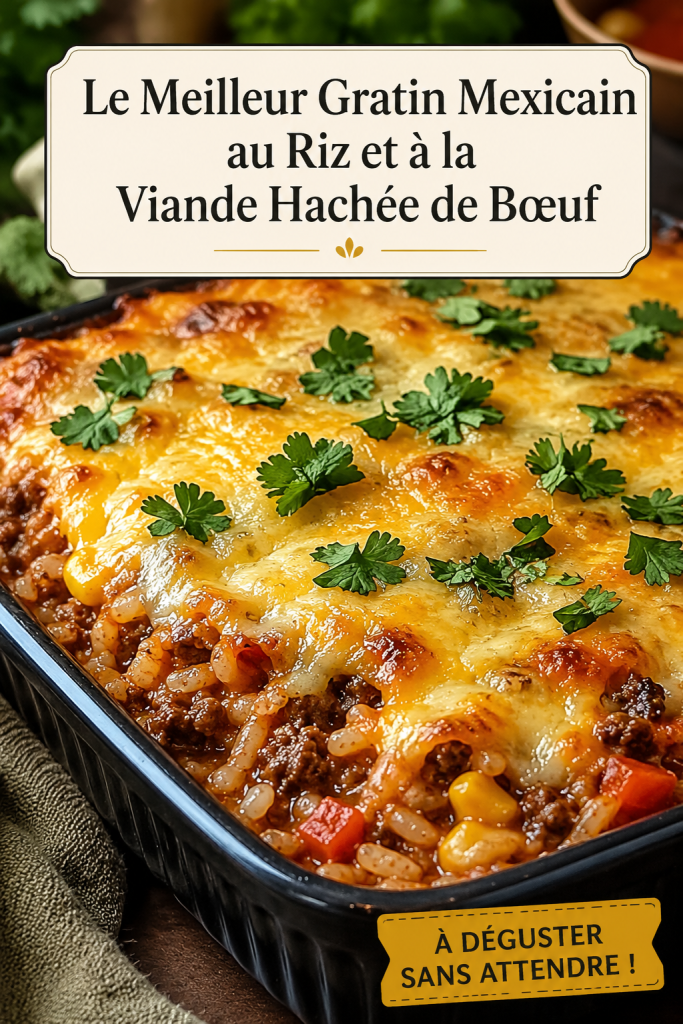 Gratin mexicain au riz et viande hachée, prêt à servir