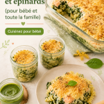 Gratin de pâtes au saumon et épinards dans un plat de cuisson en céramique