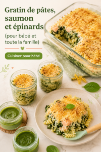 Gratin de pâtes au saumon et épinards dans un plat de cuisson en céramique