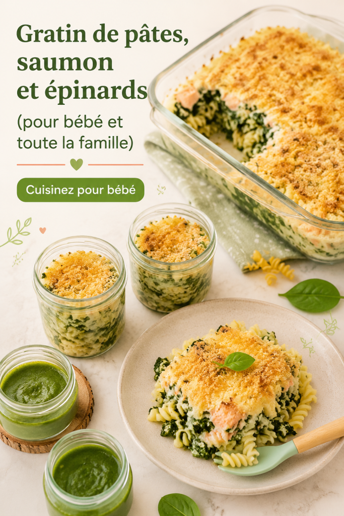Gratin de pâtes au saumon et épinards dans un plat de cuisson en céramique