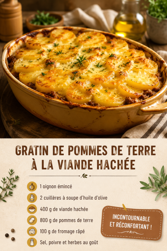 Gratin de pommes de terre à la viande hachée, un plat réconfortant prêt à être servi.