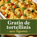 Gratin de tortellinis aux légumes doré, prêt à être servi dans un plat de cuisson.