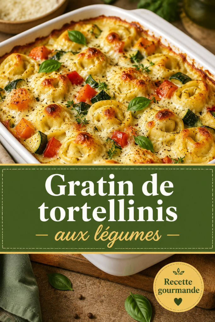 Gratin de tortellinis aux légumes doré, prêt à être servi dans un plat de cuisson.