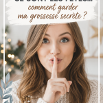 Femme habillée avec style qui cache son ventre rond pendant les fêtes, dans une ambiance festive.