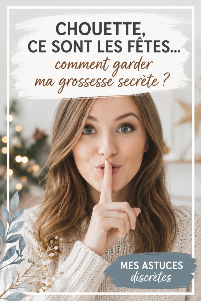Femme habillée avec style qui cache son ventre rond pendant les fêtes, dans une ambiance festive.