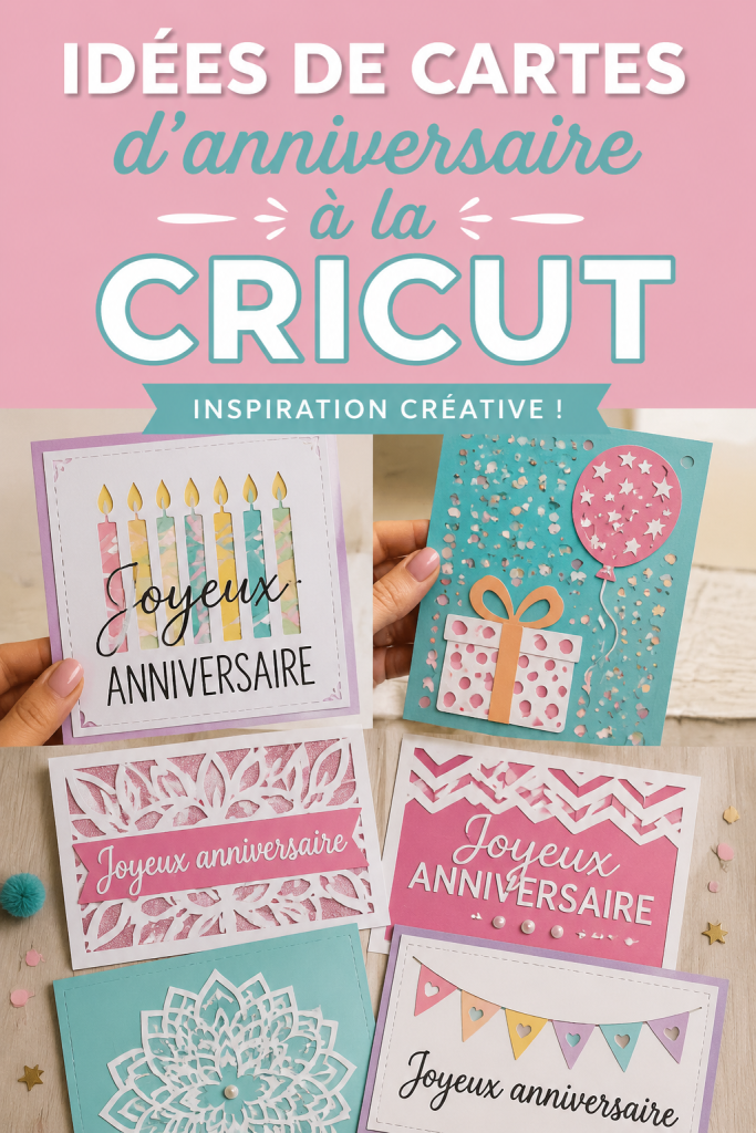 Une carte d'anniversaire colorée réalisée avec une machine Cricut, mettant en avant des décorations créatives.