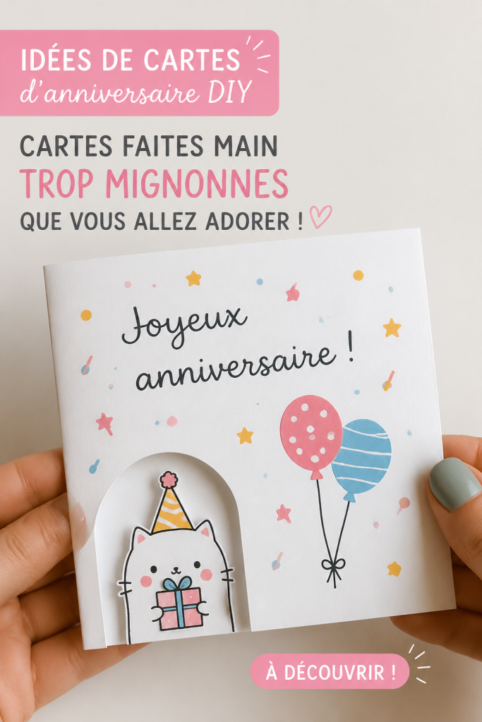 Idées de cartes d'anniversaire DIY présentées sur une table avec des fournitures créatives.