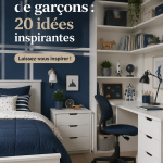 Chambre colorée et bien décorée pour un garçon avec des éléments de jeu.