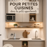 Une petite cuisine lumineuse avec des rangements optimisés et un décor chaleureux.