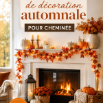 Décoration automnale chaleureuse autour d'une cheminée avec des éléments naturels