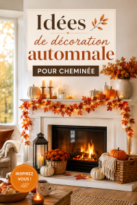 Décoration automnale chaleureuse autour d'une cheminée avec des éléments naturels