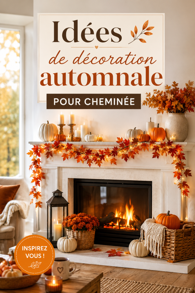 Décoration automnale chaleureuse autour d'une cheminée avec des éléments naturels