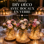 Des bocaux en verre décorés avec des fleurs et des bougies, créant une ambiance chaleureuse