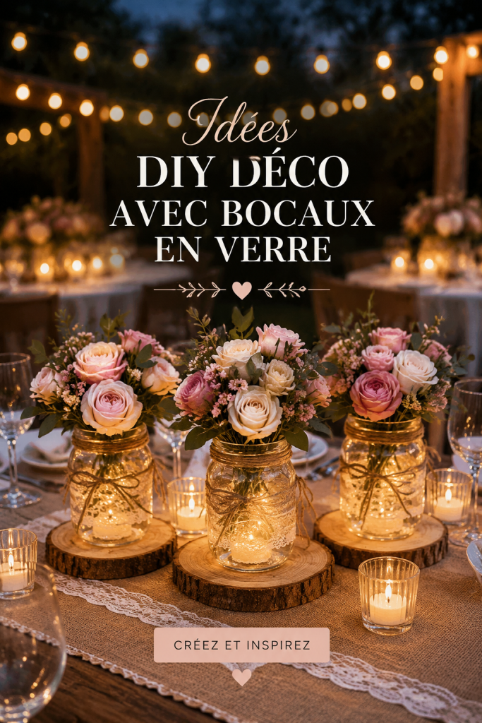 Des bocaux en verre décorés avec des fleurs et des bougies, créant une ambiance chaleureuse