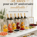 Illustration d'une fête de 21e anniversaire animée, avec des décorations colorées et des invités s'amusant.
