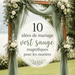 Un mariage décoré de détails en vert sauge, incluant des centrepieces floraux et des serviettes.