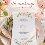 Table élégamment dressée avec un menu de mariage personnalisé.
