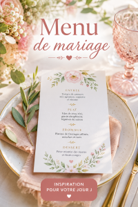 Table élégamment dressée avec un menu de mariage personnalisé.