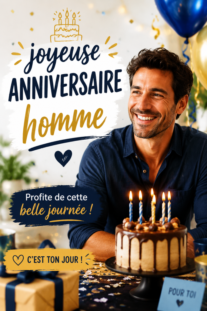 Un homme souriant avec des ballons d'anniversaire, représentant un joyeux anniversaire.