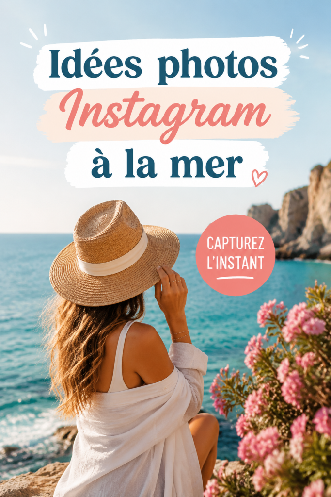 Photo créative d'une plage avec des vagues et un coucher de soleil, idéale pour Instagram.