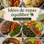 Assiette colorée remplie de légumes frais, viande maigre et céréales complètes, représentant un repas équilibré.
