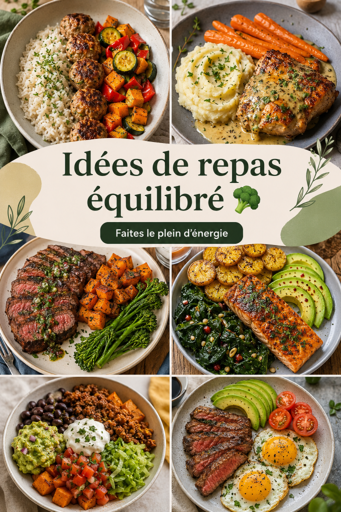 Assiette colorée remplie de légumes frais, viande maigre et céréales complètes, représentant un repas équilibré.
