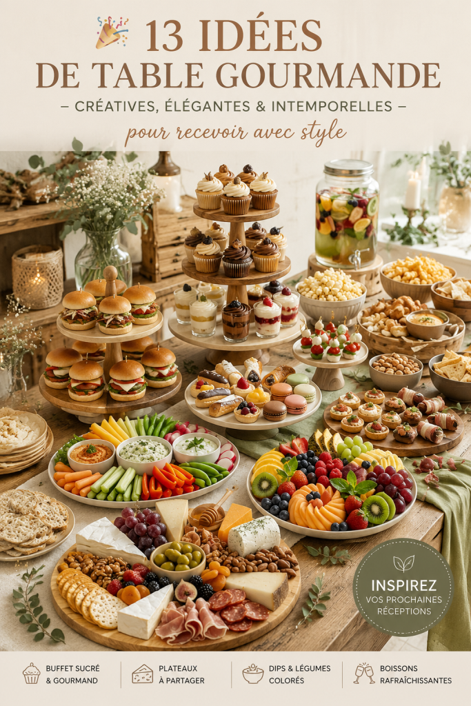 Table de fête élégante avec des décorations créatives, présentant une sélection de plats raffinés.