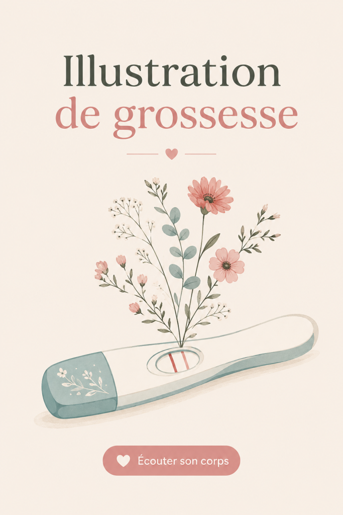 Illustration artistique représentant une femme enceinte entourée de fleurs.