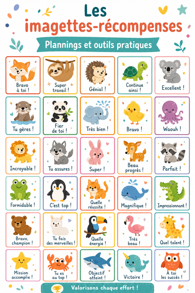 Des imagettes-récompenses colorées sur un tableau de motivation pour enfants.