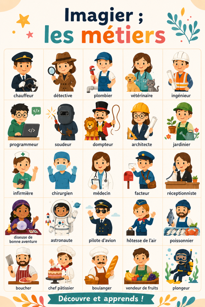 Un imagier illustratif présentant divers métiers et leurs caractéristiques.