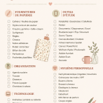 Checklist des indispensables pour la rentrée scolaire avec fournitures et outils utiles.