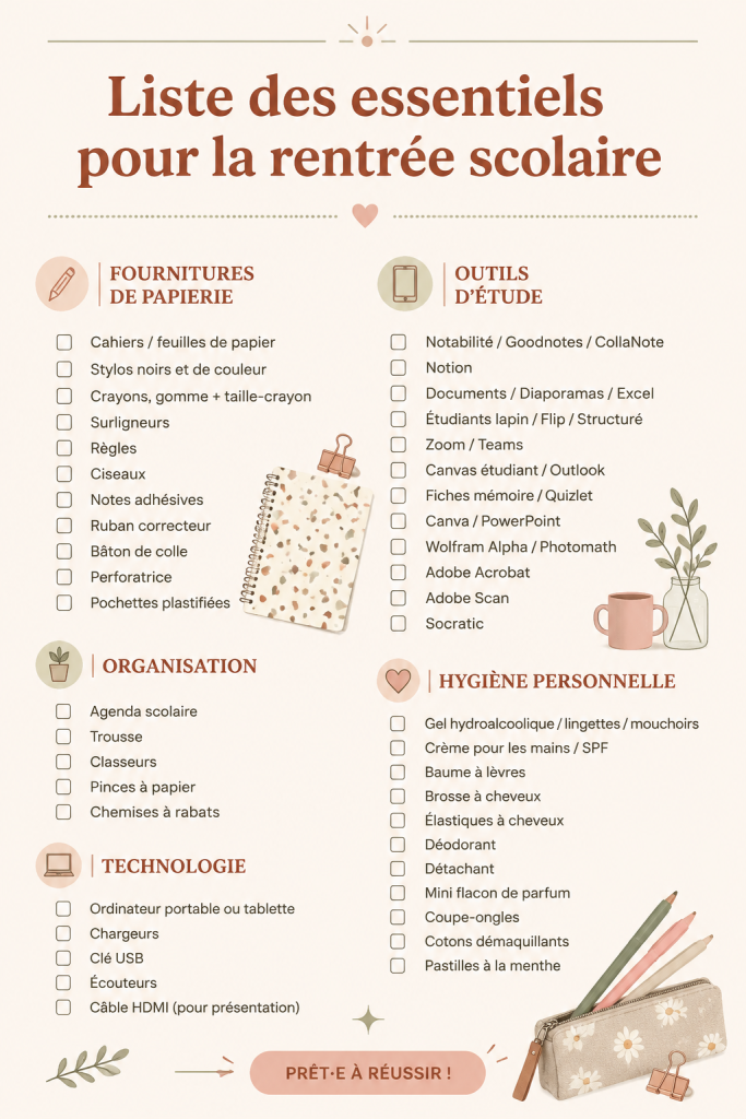 Checklist des indispensables pour la rentrée scolaire avec fournitures et outils utiles.