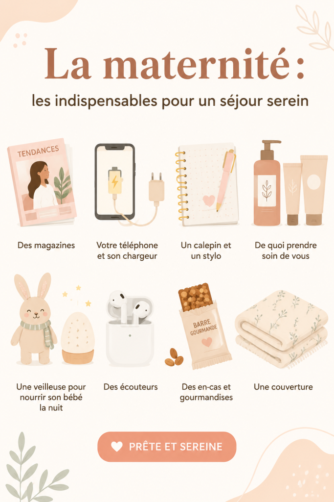 Une trousse de maternité pleine de essentiels pour les futures mamans.