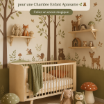 Chambre d'enfant décorée avec des éléments de forêt enchantée, créant une atmosphère apaisante.