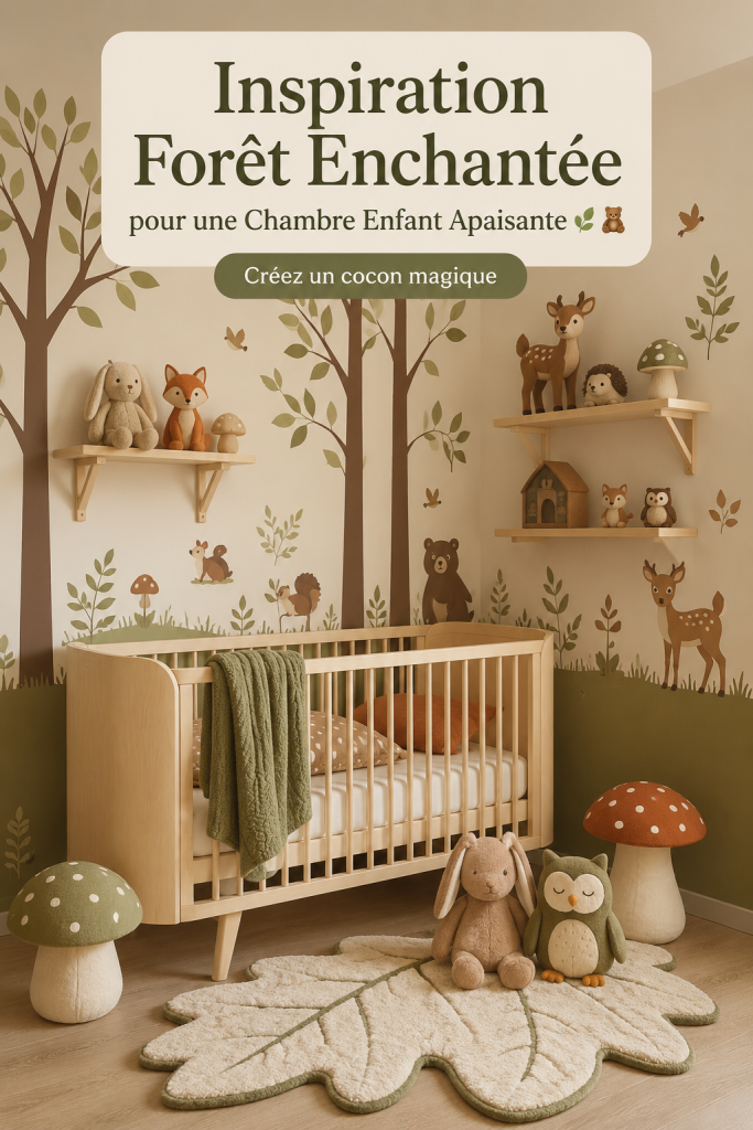 Chambre d'enfant décorée avec des éléments de forêt enchantée, créant une atmosphère apaisante.