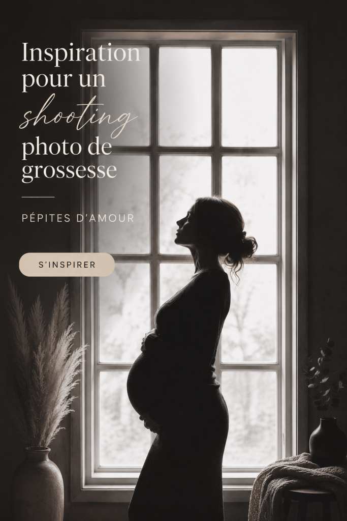 Femme enceinte posant avec un sourire lumineux lors d'un shooting photo en extérieur, mettant en valeur son ventre rond.