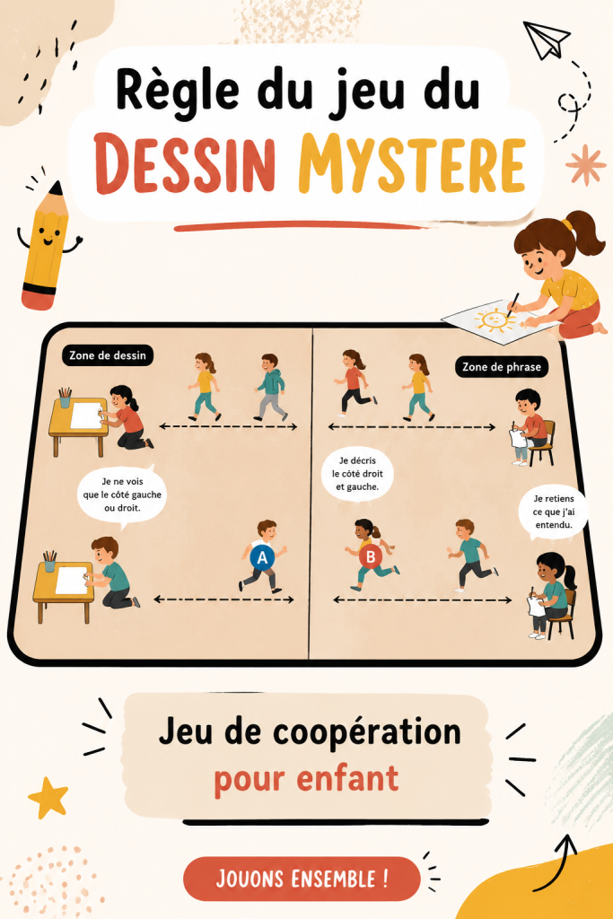 Enfants jouant au dessin mystère et s'amusant ensemble.