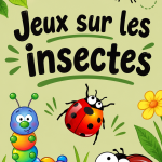 Enfants jouant à un jeu éducatif sur les insectes, découvrant la nature.